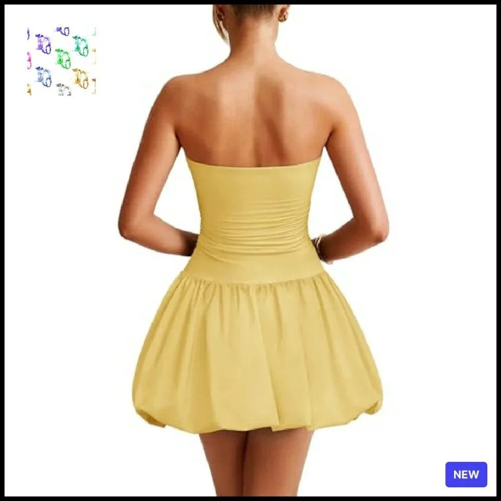 Tube Top Mini Bubble Dress Sleeveless Backless Sexy Bodycon Ruched Party - Picture 5 of 7